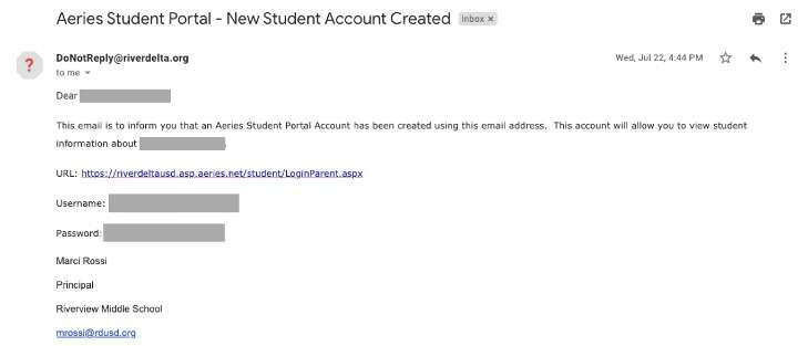 Aeries Student Portal New Student Account Created screenshot